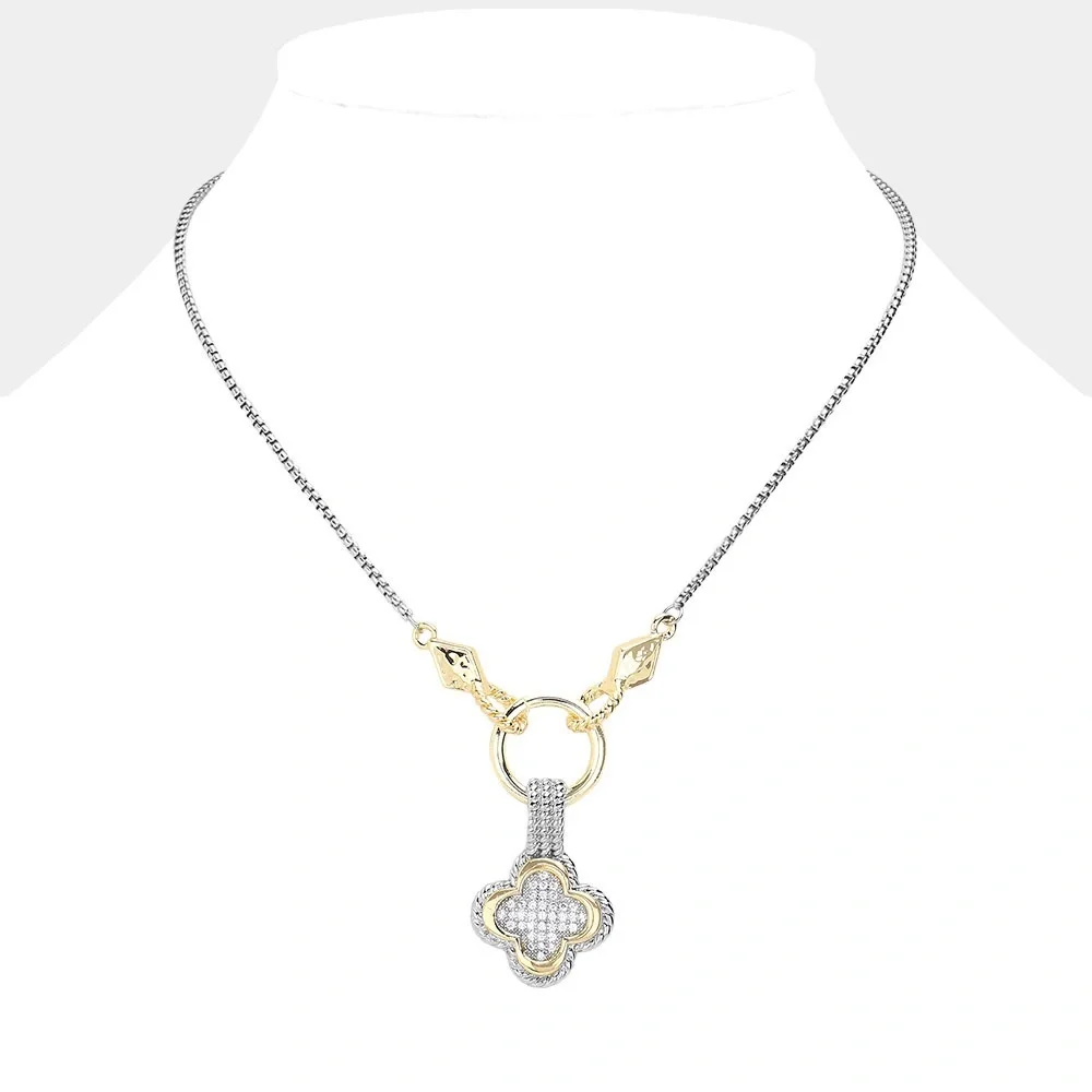 14K Gold Plated Two Tone CZ Stone Paved Quatrefoil Pendant Necklace
